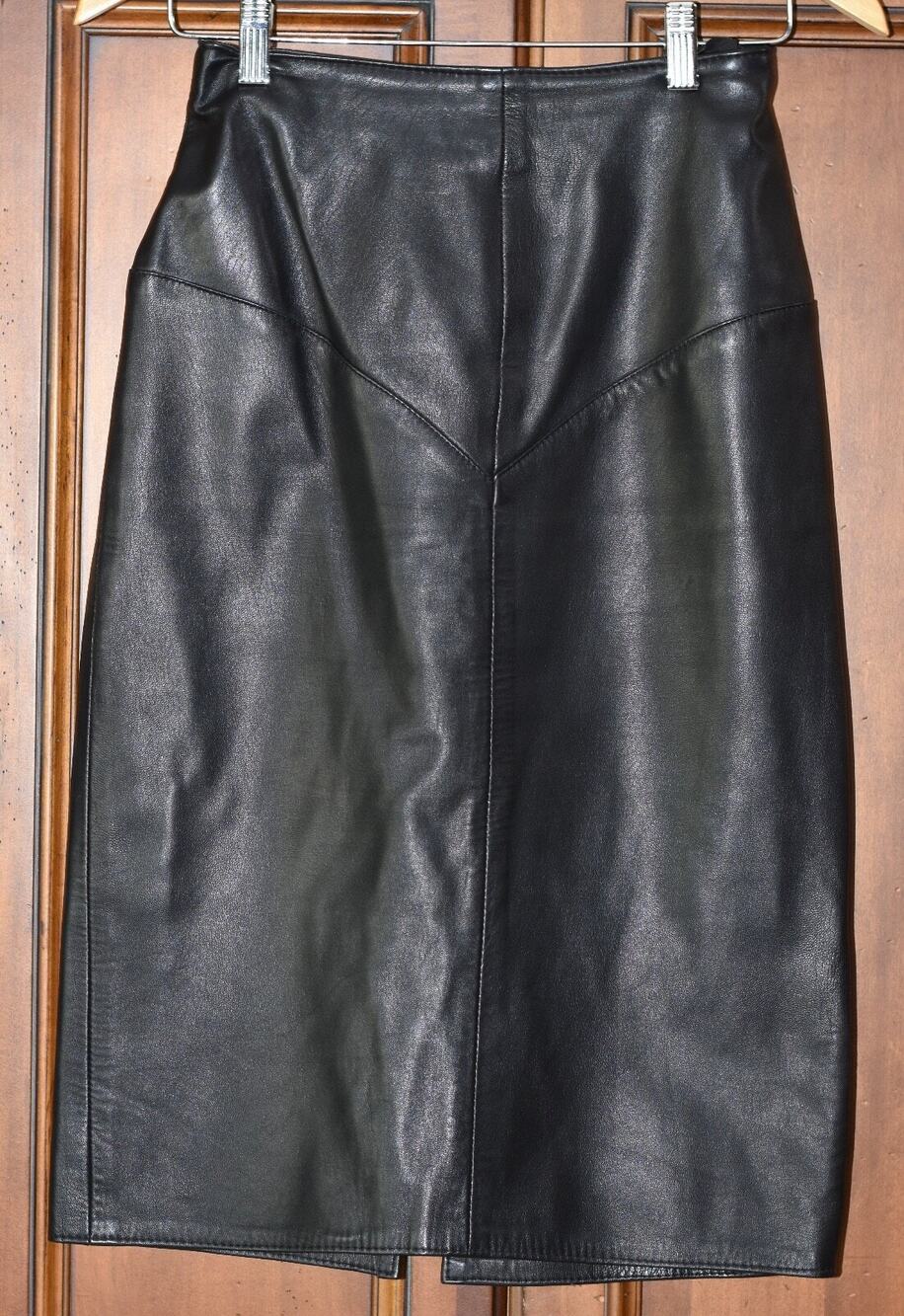 Vintage 80s Bullocks Emphasis Couture Pencil Black Leather Skirt Size 4